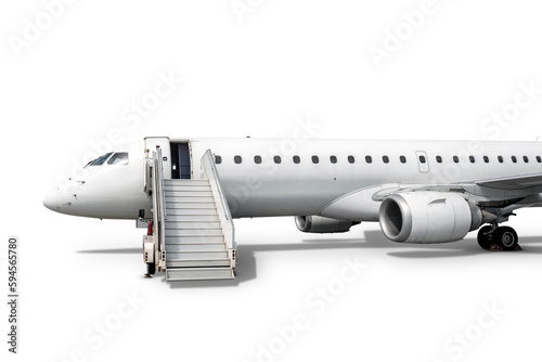Passenger jetliner with air stairs isolated on white background