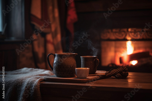 Cozy holiday scenes with fireplace and hot cocoa, Generative AI