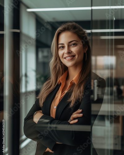 Free Download Friendly business professional female, looking at the camera, smiling, standing next to a glass office door - GFXLoad