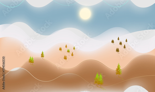 Abstract landscape with hills and sun. Vector illustration © MelLenka