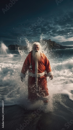 AI generated Portrait of Santa Claus running on the beach at Christmas time