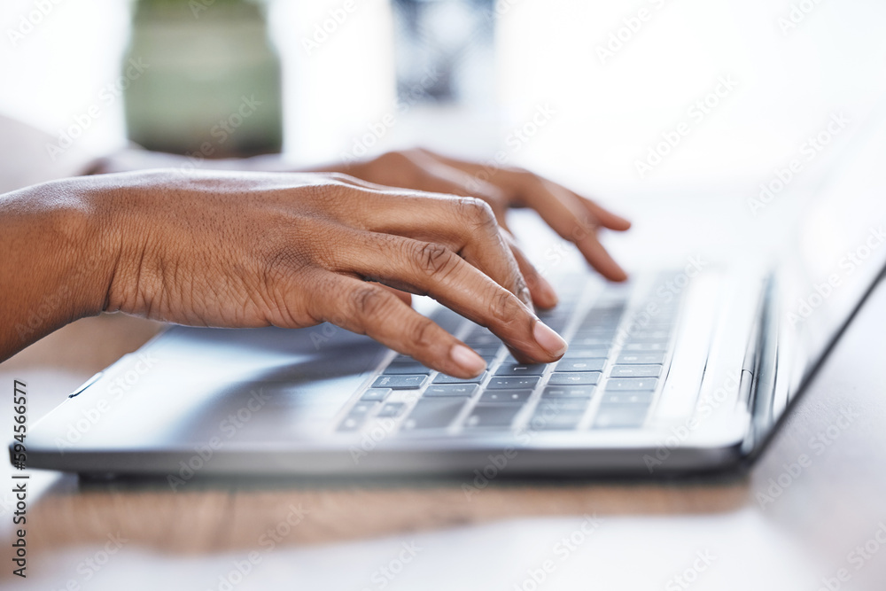 Hands, laptop and typing in research, email or business proposal for schedule planning on office desk. Hand of person working on computer for communication, networking or social media at workplace Hands, laptop and typing in research, email or business proposal for schedule planning on office desk. Hand of person working on computer for communication, networking or social media at workplace