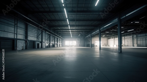 Large modern empty warehouse, photorealistic illustration. Generative art © Cheport