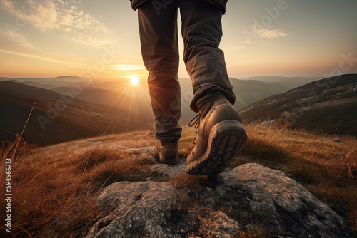 Male hiker walking on mountain trail close up - Generative AI