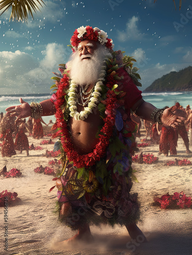 AI generated Santa Claus on the beach. Christmas and New Year holidays concept