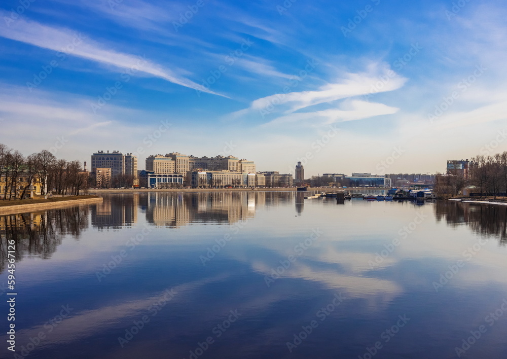 Spring landscape of St. Petersburg. Embankment of the river Bolshaya Nevka. Landmark of the city.