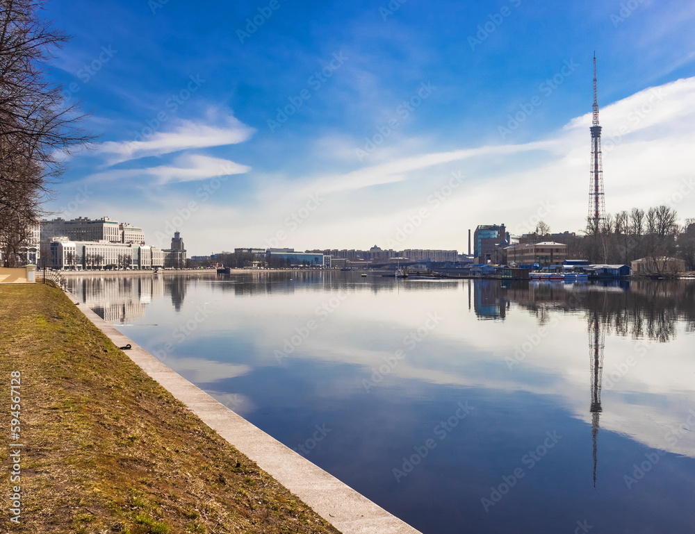 Fototapeta premium Spring landscape of St. Petersburg. Embankment of the river Bolshaya Nevka. Landmark of the city.