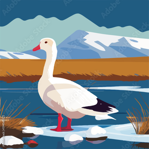 Snow goose in arctic wetlands. Arctic birds in natural habitat. Flat vector illustration concept. Generative AI