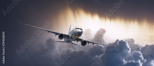 Plane in flight passing through a thunderstorm, surrounded by dark clouds and lightning strikes. Generative AI