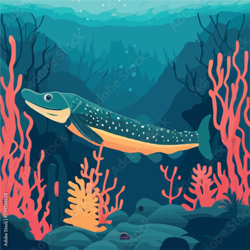 Barracuda in coral reef. Underwater fish and sea creatures in natural habitat. Flat vector illustration concept