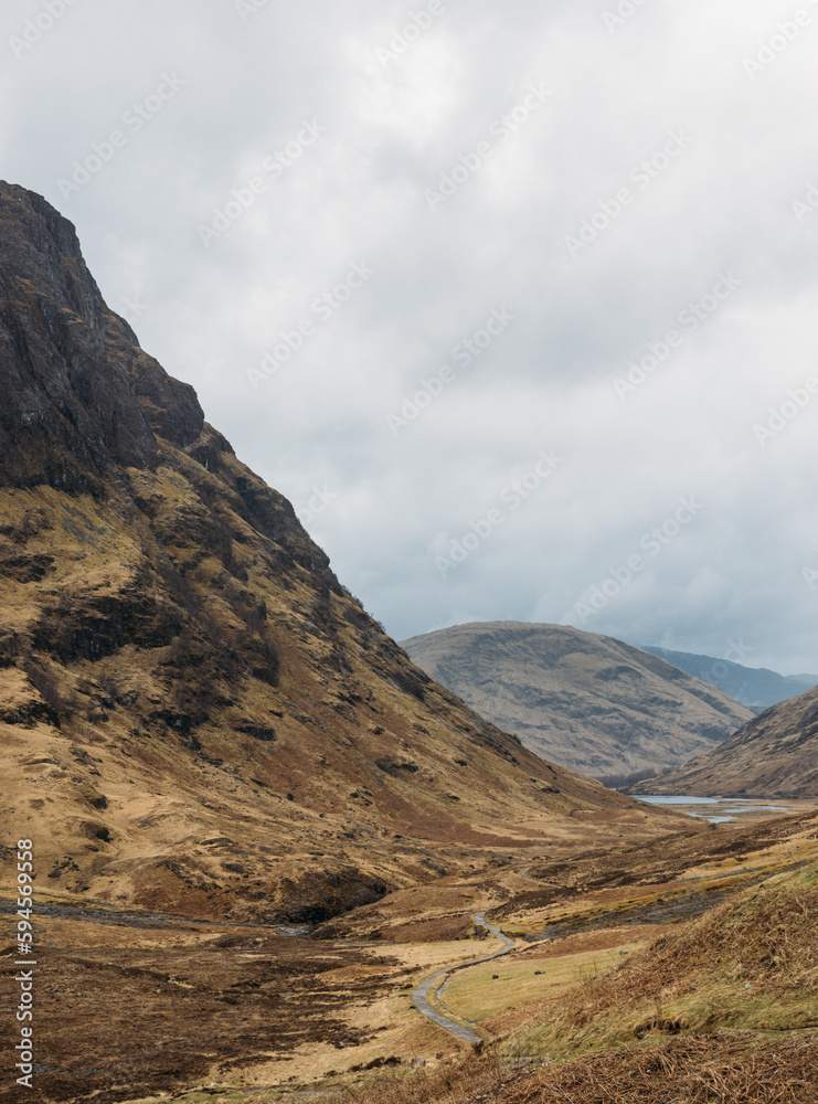 Panoramic view on the West Highland Way over valley of Glen Coe Highlands of Scotland, UK.