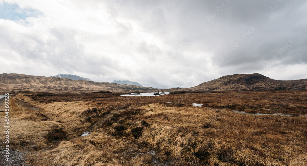 Panoramic view on the West Highland Way over valley of Glen Coe Highlands of Scotland, UK.