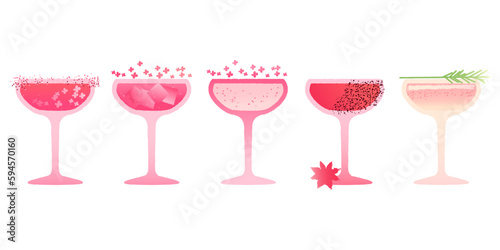 Margarita cocktail set. Alcohol drink with flowers, spices and ice cubes. Refreshing pink drink. Soft liquid for bar. Flat vector illustration with texture and gradient
