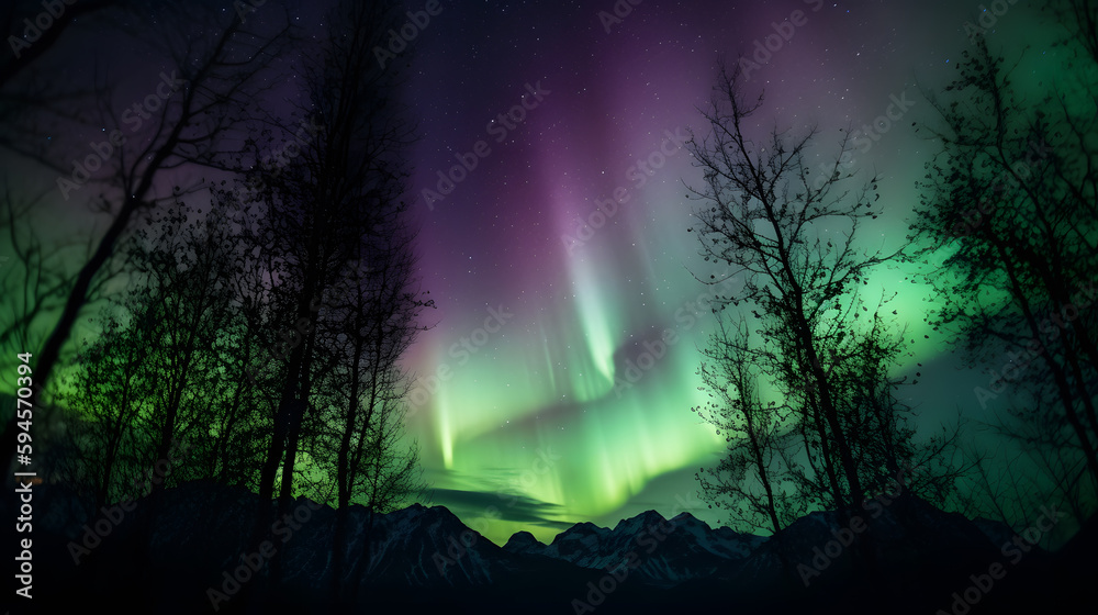 A captivating image of the Northern Lights dancing across the sky, with brilliant shades of green and purple illuminating the night, framed by silhouettes of trees and mountains A captivating image of the Northern Lights dancing across the sky, with brilliant shades of green and purple illuminating the night, framed by silhouettes of trees and mountains