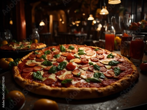 pizza with salami and tomatoes