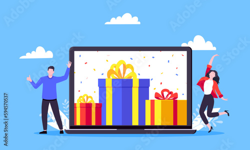 Get online reward and gifts, earn loyalty program points. Get loyalty card and customer service business concept flat design vector illustration. Tiny people with big gift boxes.