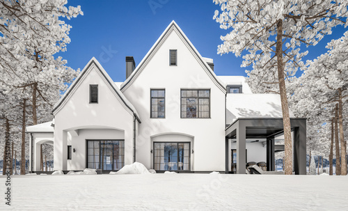 3d rendering of cute cozy white and black modern Tudor style house with parking and pool for sale or rent with beautiful landscaping. Fairy roofs. Cool winter day with shiny white snow.