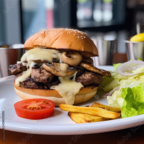 Mushroom Swiss burger, with a juicy beef patty, sauteed mushrooms, melted cheese, lettuce, tomato, and garlic aioli on a potato bun on a plate with background of the europen cafe  photo