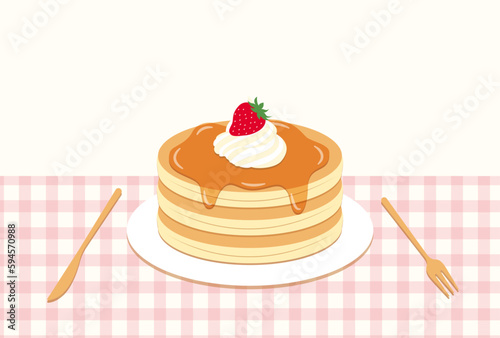 vector background with pancakes with strawberries, whipped cream and maple syrup on plate for banners, cards, flyers, social media wallpapers, etc.