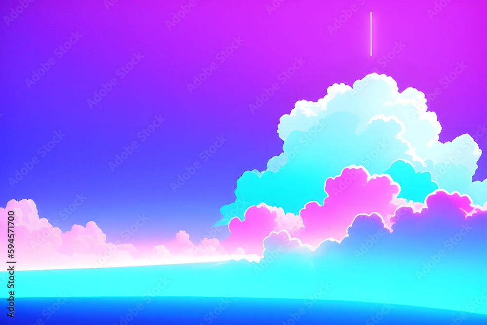 Fototapeta premium Modern minimal futuristic concept with pink neon lights and fluffy cloud on purple background.