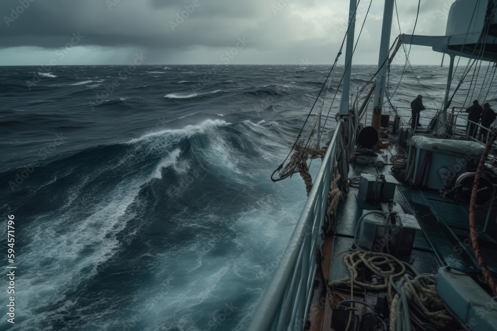 Obraz premium Ship during strong Hurricane , A lot of splashes. View from bridge. Sea water clinging to the deck as cameras strain for a glimpse of the abyss below. High waves hit ship. Generative Ai