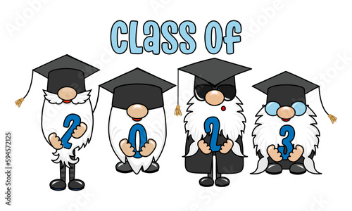 Class of 2023 - Cute smiling happy trolls with diploma. Cartoon character in Scandinavian style. Congratulation graduates. Good for t-shirt, mug, gift. Nordic gnomes.