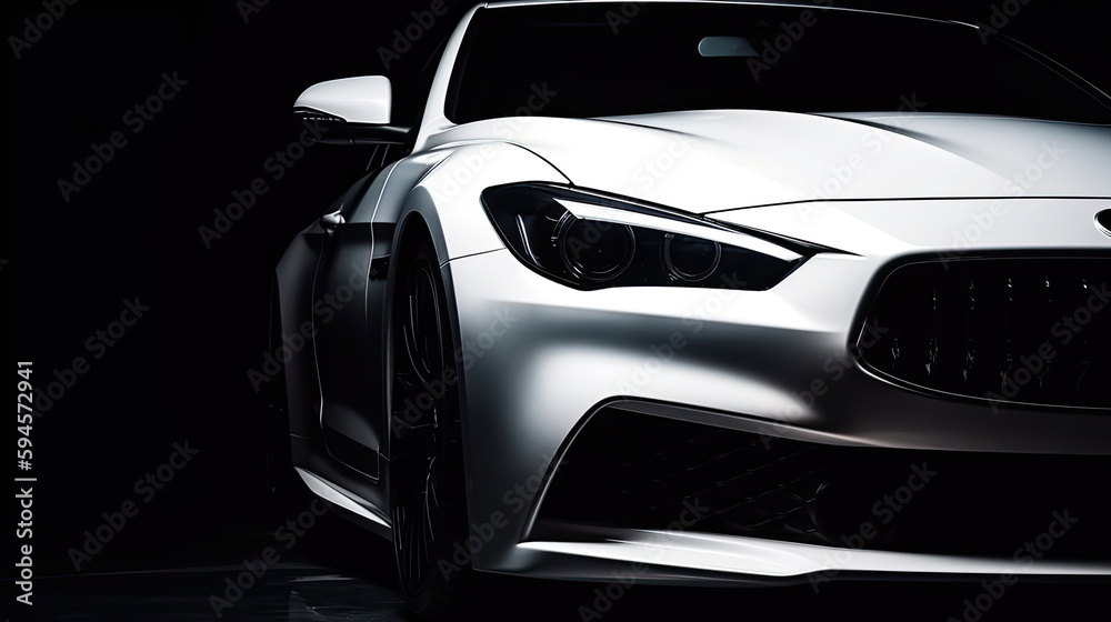 Close up white luxury car on black background with copy space Close up white luxury car on black background with copy space