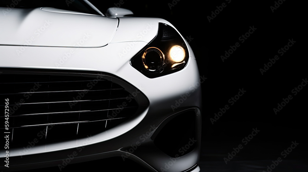 Close up white luxury car on black background with copy space