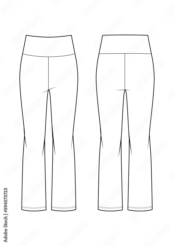 Womenswear wide waistband flare leggings technical drawing / flat ...