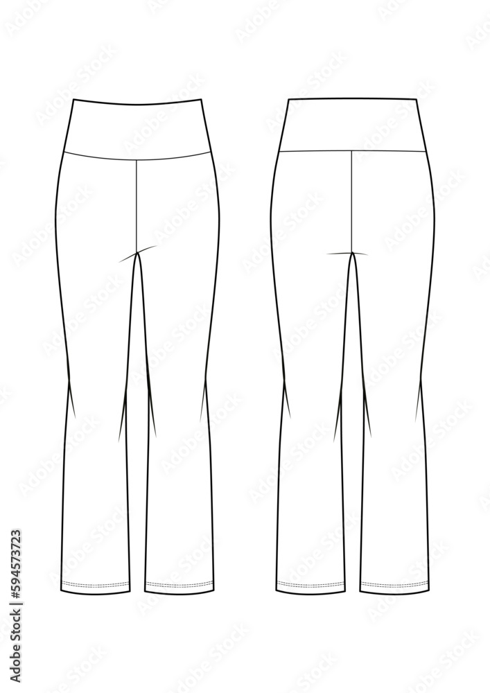 Womenswear wide waistband flare leggings technical drawing / flat