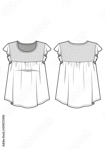 Womenswear smocked yoke with fluuter sleeve babydoll top technical drawing / flat sketch /CAD / ADOBE Illustrator vector digital download