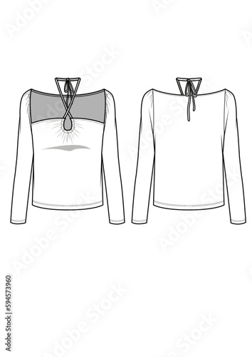 Womenswear square neck halter strap long sleeve top technical drawing / flat sketch /CAD / ADOBE Illustrator vector digital download photo