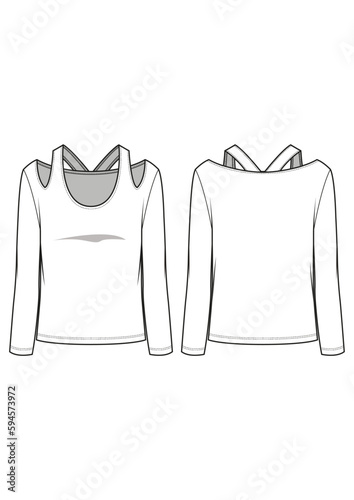 Womenswear strap cutout detail long sleeve top technical drawing / flat sketch /CAD / ADOBE Illustrator vector digital download photo