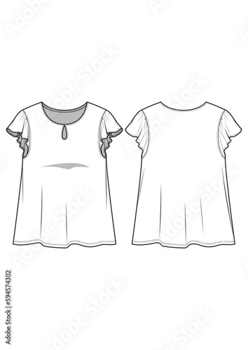 Womenswear front keyhole detailed flutter cap sleeve tee top technical drawing / flat sketch /CAD / ADOBE Illustrator vector digital download