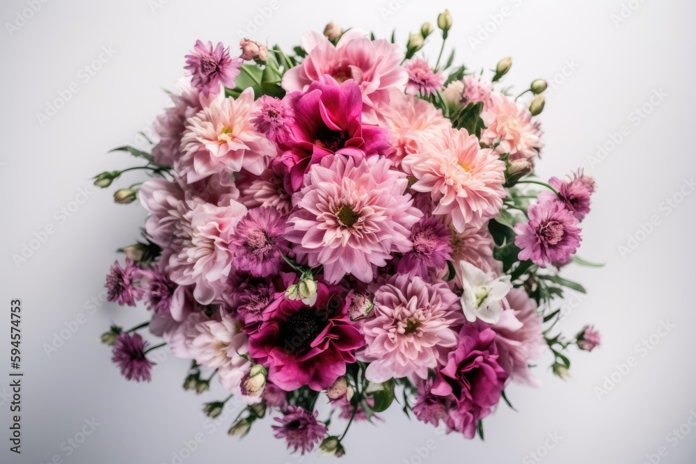 Top view of pink flower bouquet isolated on white background. AI Generated.