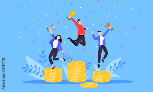 People standing on the money podium rank first three places, jumps in the air with trophy cup. Employee recognition and competition award winner business concept flat style design vector illustration.
