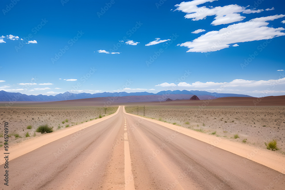 A dirt road leading off into the distance to mountains on the horizon under a clear blue sky.