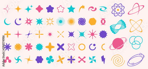 Set of brutalist abstract geometric shapes, bauhaus memphis geometric elements. Trendy minimalist basic figures, stars, lines, flowers, circles