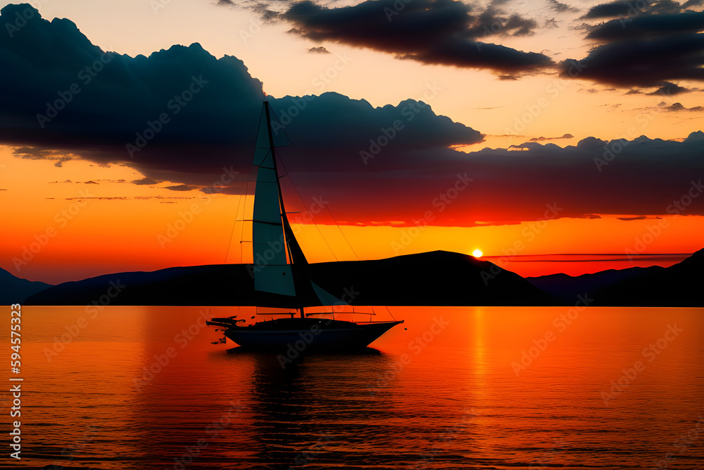 Silhouette of a sailing boat with dramatic sky at sunset, portrait format