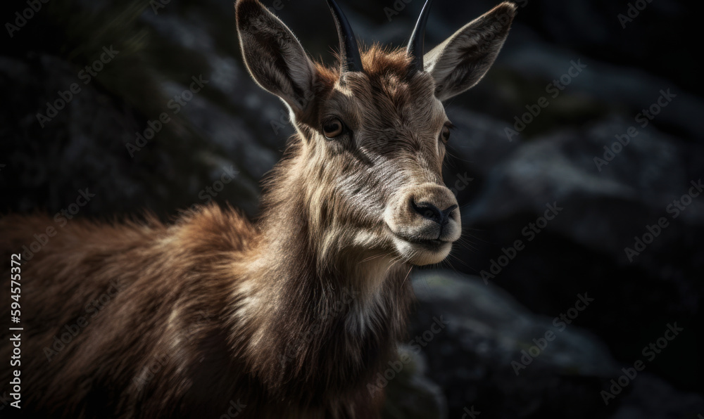 close up photo of chamois (genus Rupicapra) with blurry mountains as background. Generative AI