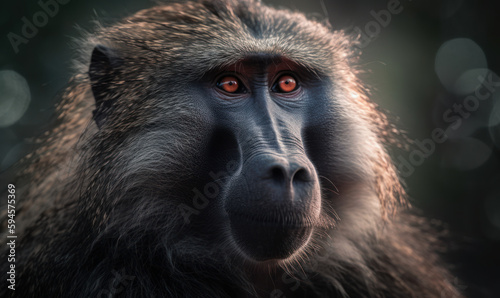 photo of chacma baboon. composition captures baboon, surrounded by lush vegetation of its natural habitat, immersing viewers in the stunning beauty of African wilderness. Generative AI © Bartek