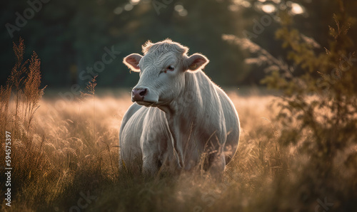 Charolais majestic breed of cattle grazing in verdant sun-drenched meadow. photograph transports viewers to tranquil world of rural France where Charolais thrives in harmony with nature. Generative AI photo