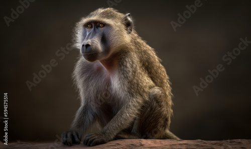 photo of chacma baboon on dark background. Generative AI