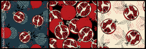 Seamless pomegranat pattern set. Artistic texture. Vintage color. Vector design for paper, cover, fabric, interior decor and other uses