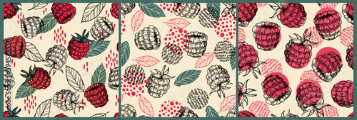 Seamless raspberry pattern set. Artistic texture. Vintage color. Vector design for paper, cover, fabric, interior decor and other uses