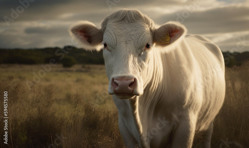 sunset close up photo of Charolais, breed of cattle, in its natural habitat. Generative AI