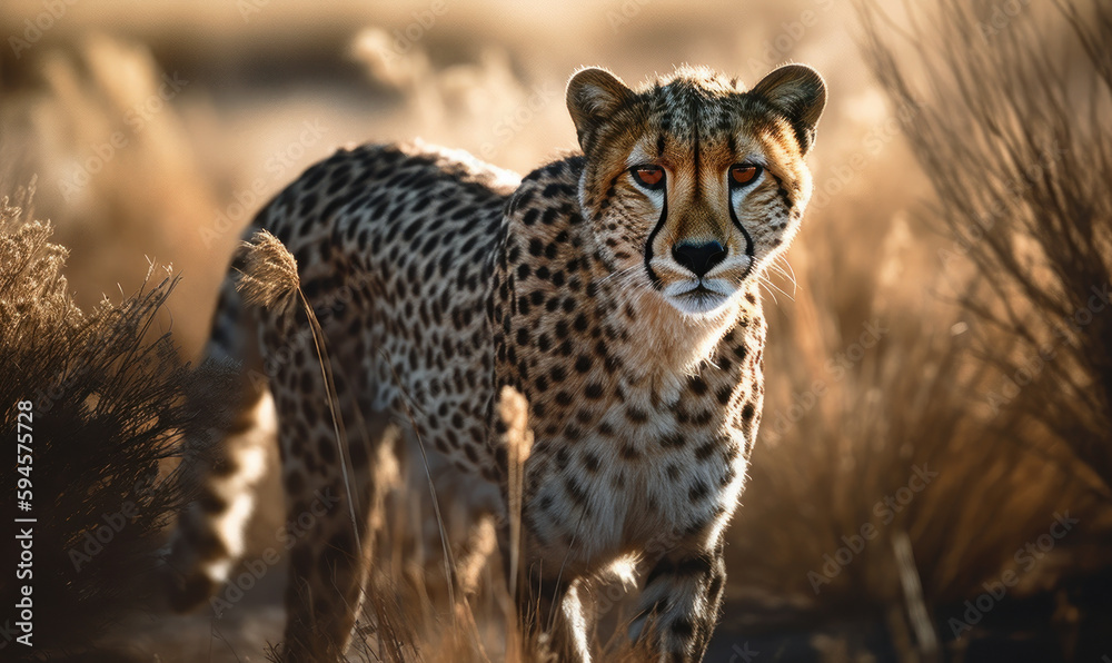 sunset photo of cheetah standing on African savannah. Generative AI sunset photo of cheetah standing on African savannah. Generative AI