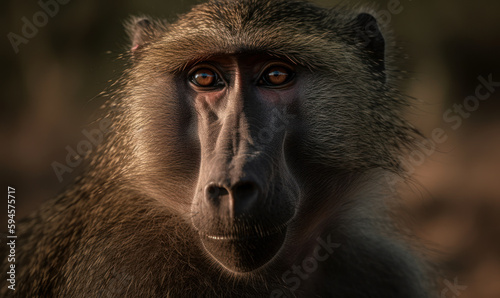 close up photo of chacma baboon on blurry bokeh background. Generative AI © Bartek