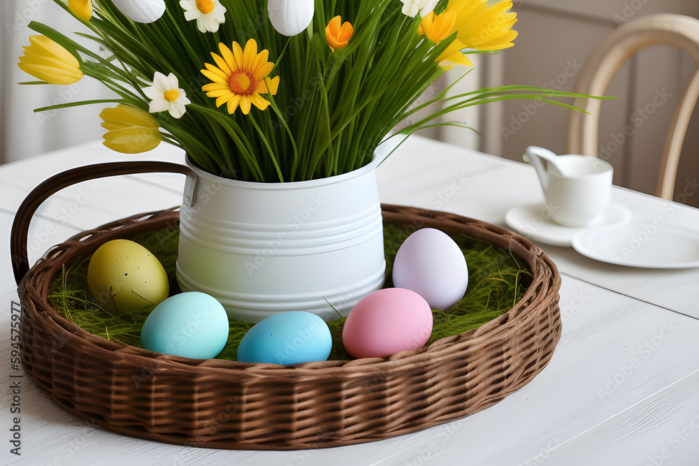 Easter decoration of colorful eggs, fresh grass in a watering can, easter bunny on a tray on the round table in a rustic style. Festive interior of a country house