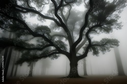 Tree in the foggy winter day